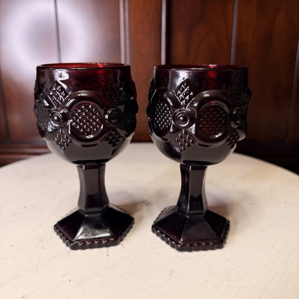 Avon Ruby Glass Goblets Pair, Dark Red Hexagonal Base Glossy Drinkware Set of 2